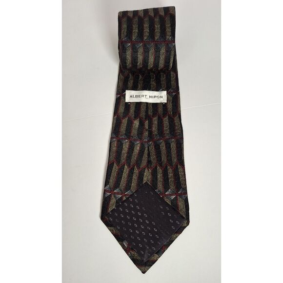 ALBERT NIPON Black Geometric All Silk Neck Tie Extra Long 60" - Picture 2 of 4